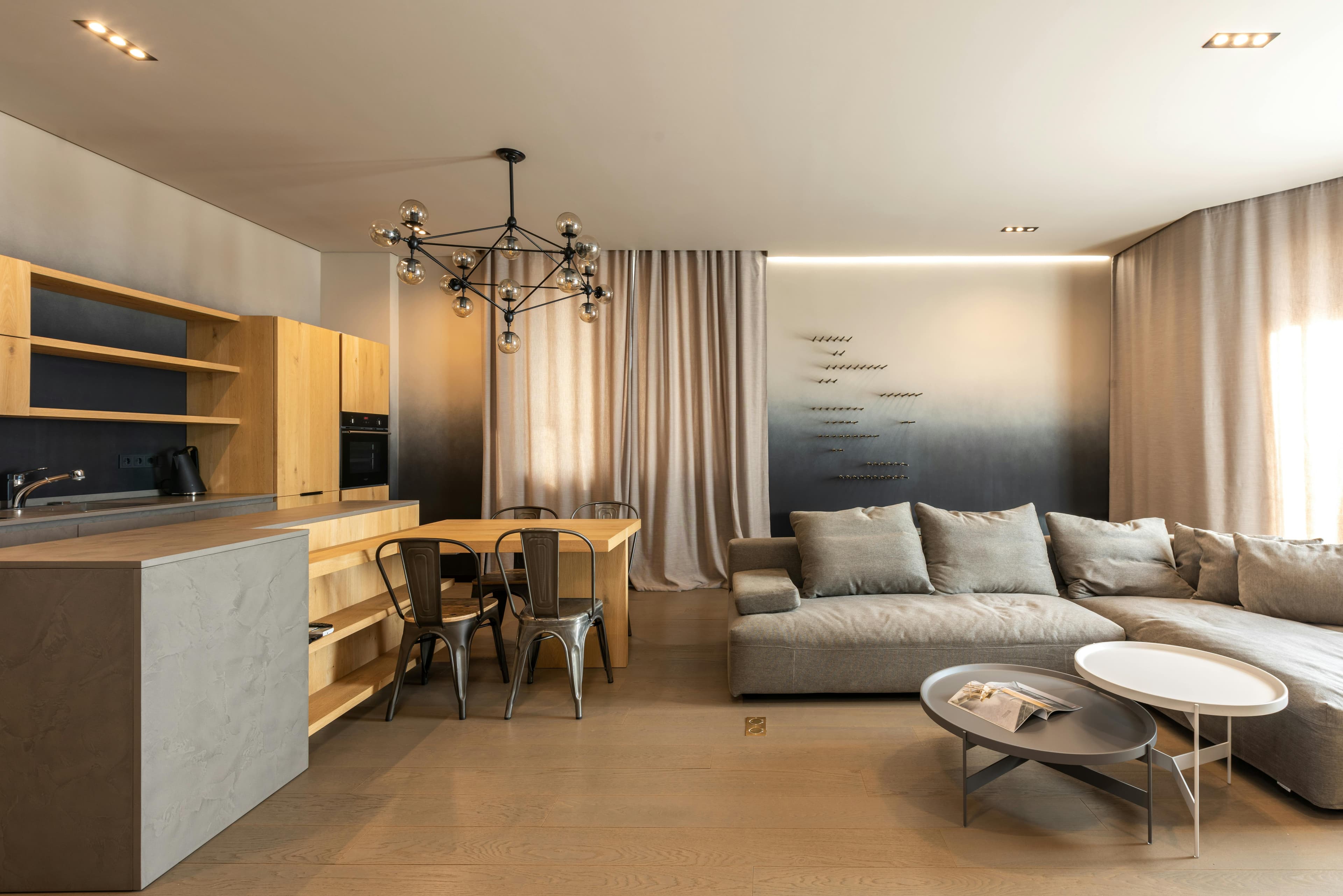 Lounge with layered lighting and river outlook