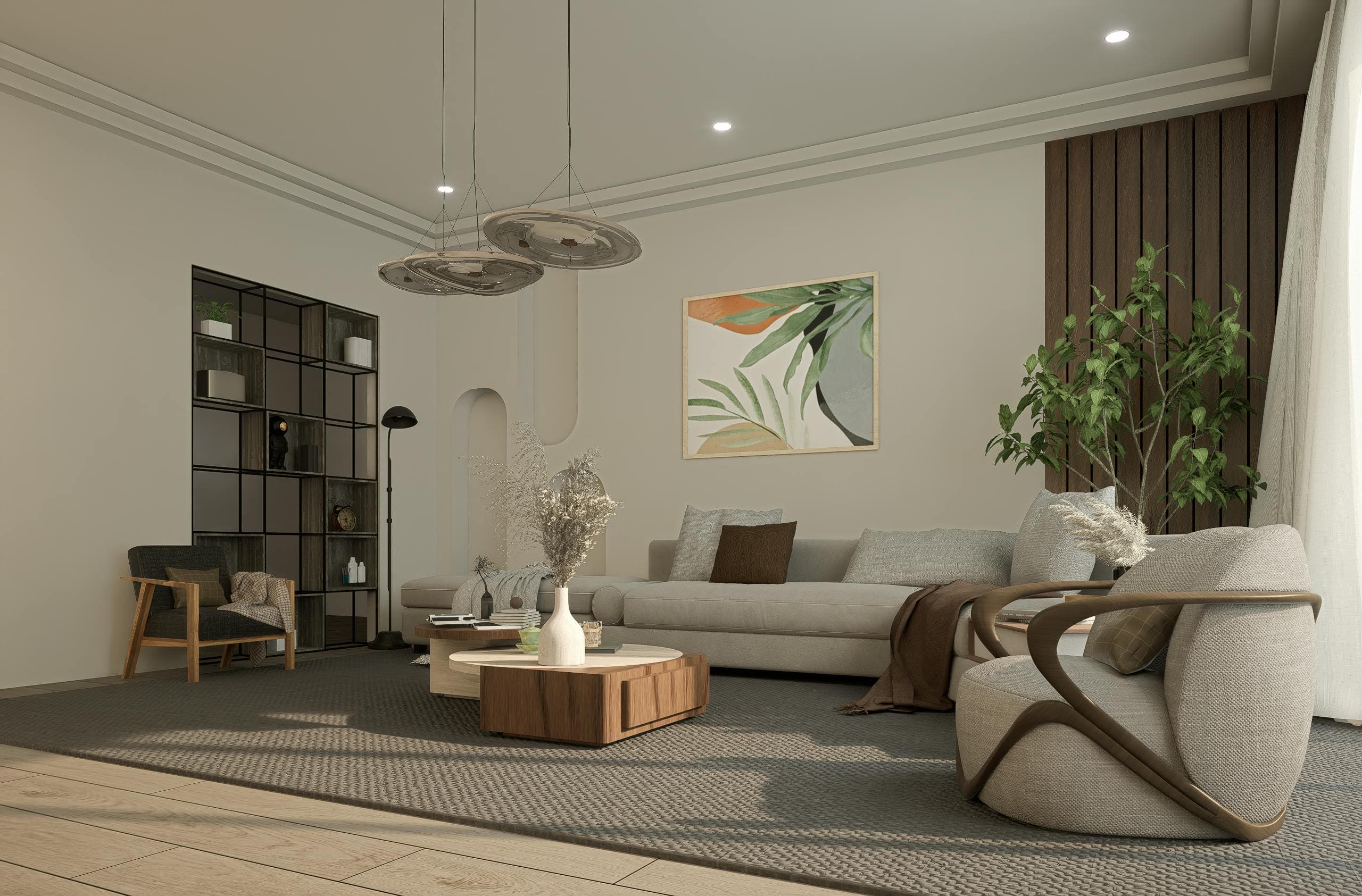 Minimalist gallery with diffused daylight and sculpture niche